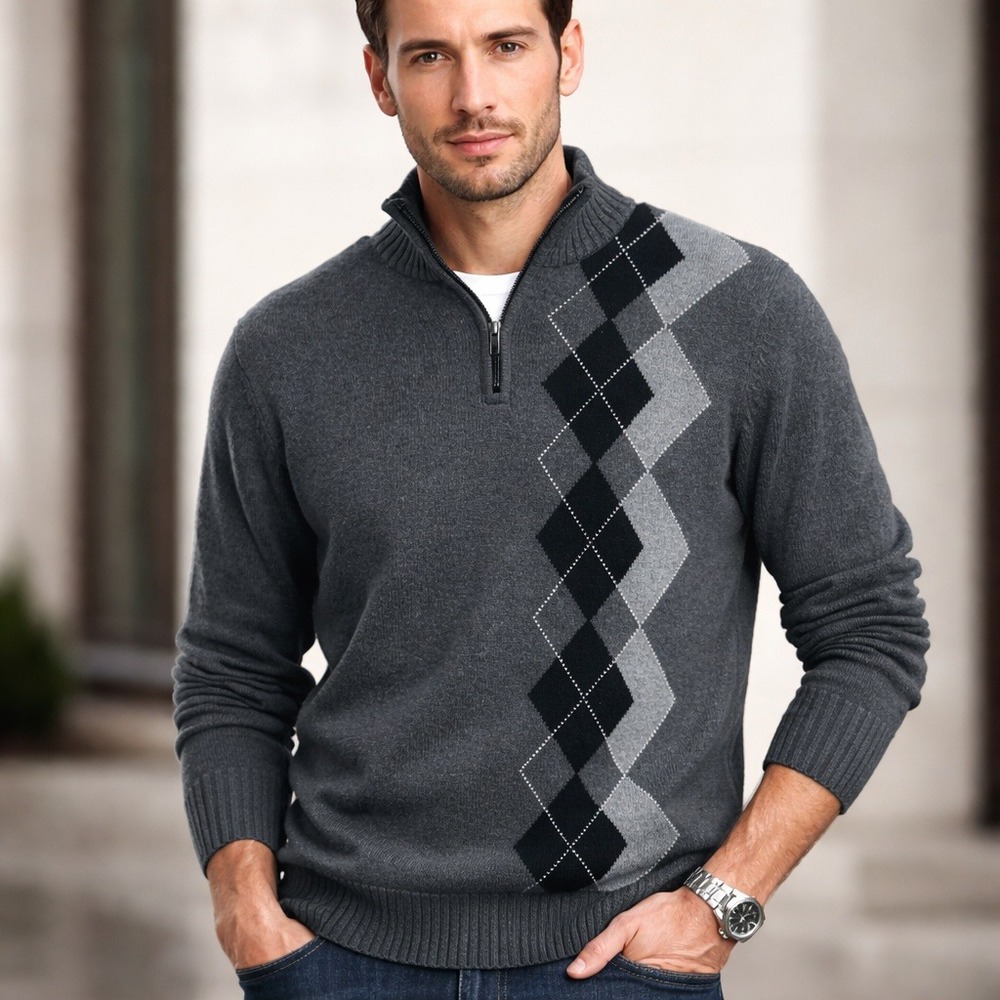 Vtg‎ Y2K Oscar de la Renta Quarter Zip Sweater Sz S Grey Argyle Preppy Academia